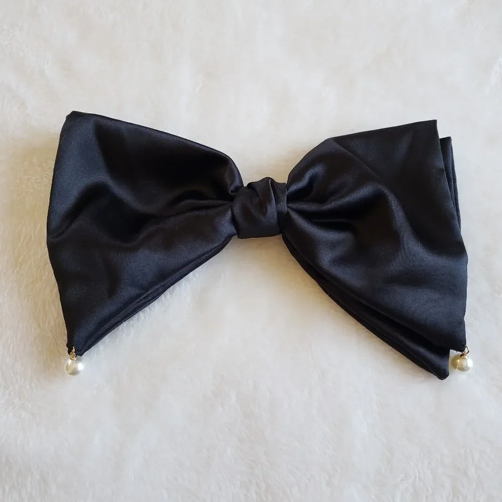 Black Satin Pearl Hair Bow